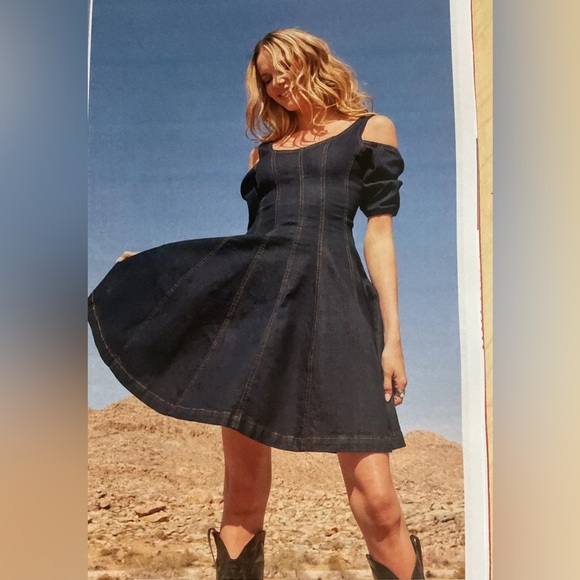 VENUS Blue Puff Sleeve Fit and Flare Mini Dress - Picture 1 of 8